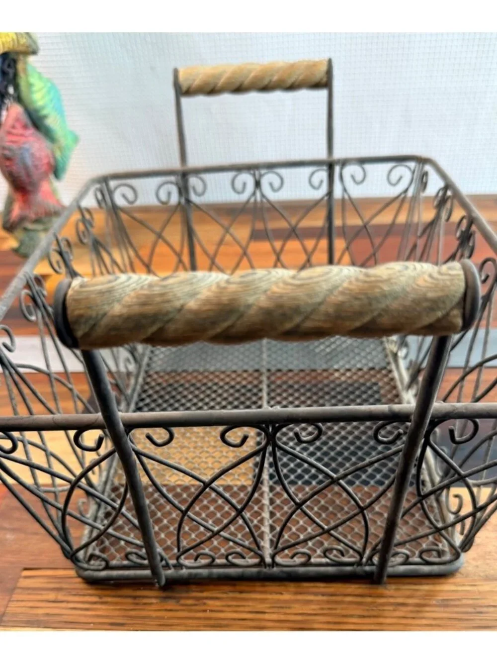 Vintage Rustic Wire Scroll Storage Basket Primitives wood handles